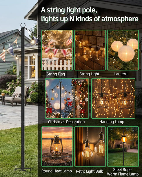 1 Pack, 5-Prong LANDVOI Outdoor String Light Poles Heavy Duty String Light Poles for Outside with Base & Adjustable