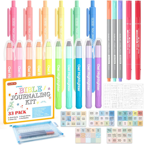 Shuttle Art Bible Highlighters and Pens, 33 Pack Bible Journaling Kit, Gel Highlighters and Bible Tabs with Storage Bag