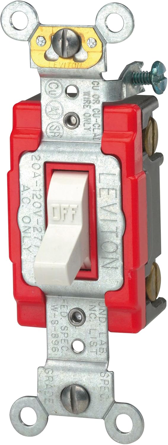 Leviton 1221-2W 20-Amp, 120/277-Volt, Toggle Single-Pole AC Quiet Switch, Extra Heavy Duty Spec Grade, Self Grounding, White by Leviton