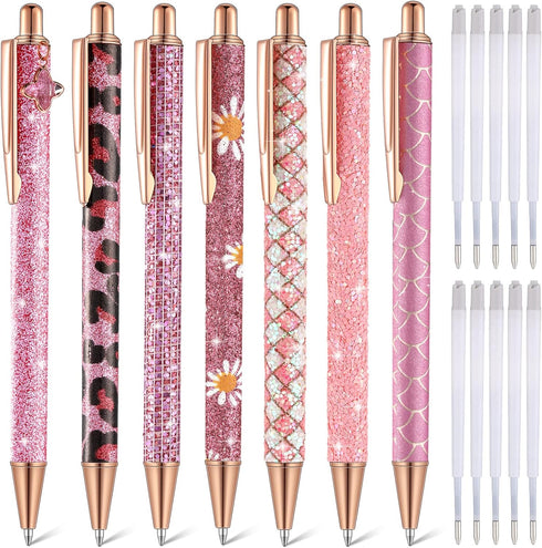 Sherr 7 Pcs Fancy Pens for Women, Cute Sparkly Glitter Pens with 10 Pcs Black Ink Refills, Pretty Gifts for Girls