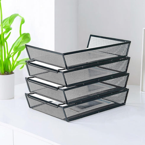 SETTFRFE 4-Tier Letter Tray Desk Organizer - Mesh Stackable File Trays for Desktop Paper Storage, Black