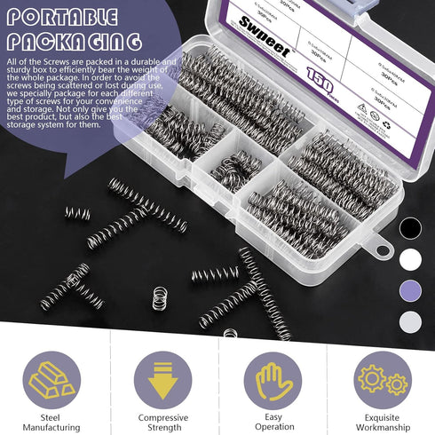 Swpeet 150Pcs Compression Springs Assortment Kit, Mini Stainless Steel Extension Springs for Home Repairs, 0.39" to