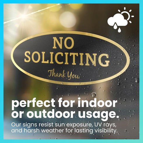 ExcelMark No Soliciting Sign for House or Business, Durable Indoor/Outdoor Sign, Large - 3.6" x 9", Black with Gold