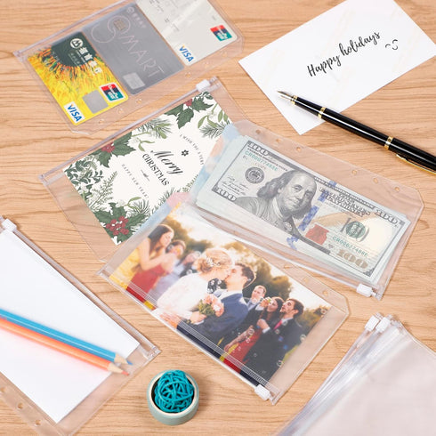 HAUTOCO 15PCS A6 Binder Pockets - 6-Hole Budget Envelopes Planner Inserts for A6 6-Ring Binders, Clear PVC Zipper Pouch