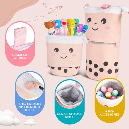 Primo Lines Kawaii Pencil Case and Complete 61 PCS Pink Stationary Set with Cute Boba Case, Pens, Stickers
