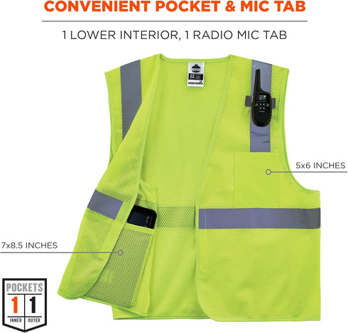 Reflective Safety Vest, High Visibility Mesh with Interior and Exterior Pocket, Class 2, Type R, Single Sizing