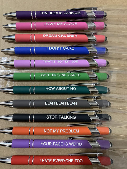 PASISIBICK 12 Pieces Funny Sarcastic Ballpoint Pens - Office Snarky Touch Screen Stylus Pen, Black Ink (12 Color,