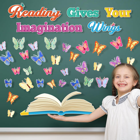 Classroom Reading Bulletin Board Set Butterfly Decorations Floral Paper Cutouts for Back to School Office Decor