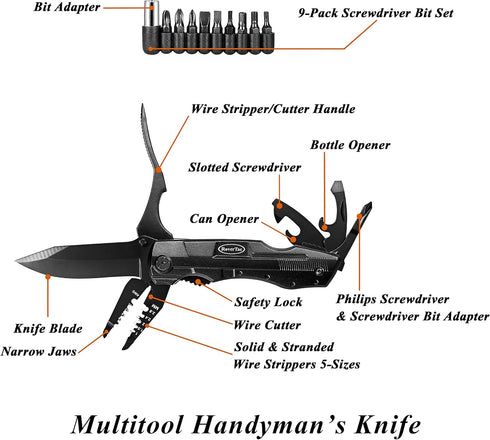 RoverTac Pocket Knife Multitool with Wire Stripper, 9-Pack Screwdriver Bit Set, Durable Sheath for Camping