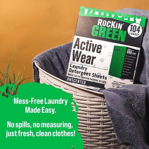 (104 Rockin' Green Active Wear Travel Laundry Detergent Sheets Unscented - Mess-Free Laundry Sheets Detergent