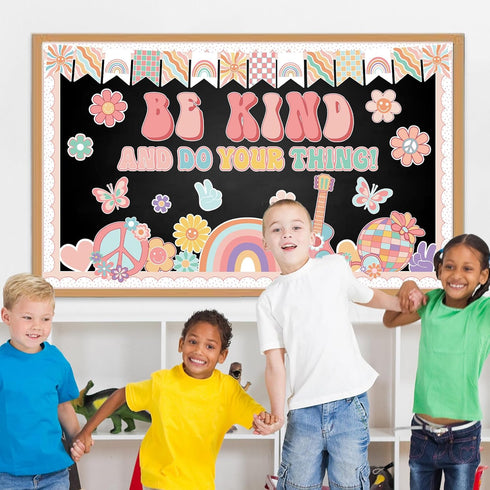 Boho Classroom Bulletin Board Decoration with Groovy Be Kind and Do Your Thing Retro Rainbow Cutouts