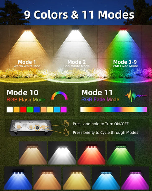 4 Pack, 9 IP65 JOFIOS Solar Fence Lights Outdoor, Fixed Colors Color Changing Fence Lights Solar Powered Waterproof