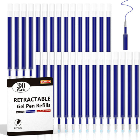 Retractable Gel Pen Refills, Shuttle Art 30 Pack Blue Rollerball Gel Ink Pens, 0.7mm Fine Point for Writing Journaling