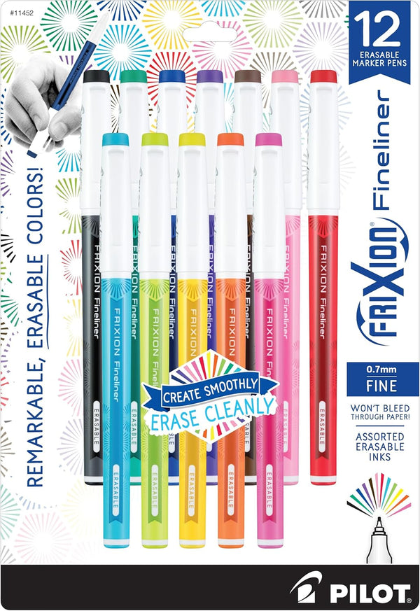 Pilot FriXion Fineliner Erasable Marker Pens, Fine Point 0.7 mm, Pack of 12, Assorted Colors