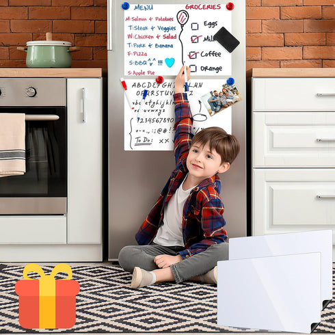 Magnetic Dry Erase White Boards for Refrigerator, 2 Pack 17”x12” Menu Organizer Boards with Markers and Eraser