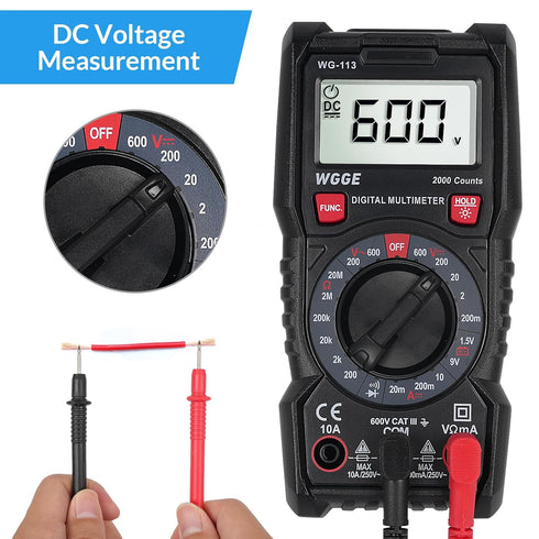WGGE Digital Multimeter with Case, DC AC Voltmeter, Ohm Volt Amp Test Meter for Household Outlet