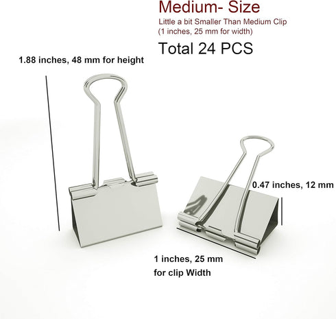 Nctinystore Binder Clips Little a bit Smaller Than Medium Clips Metal Clamp 1-in / 25-mm (Silver, 24-Count) by Universal metal clips