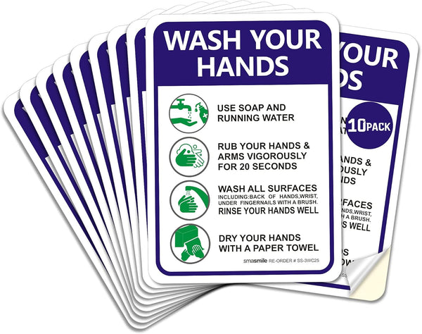Hand Washing Sticker, 10 Pack 10" x 7" Decals, Please Wash Your Hands Self-Adhesive Vinyl Sign for Indoor & Outdoor