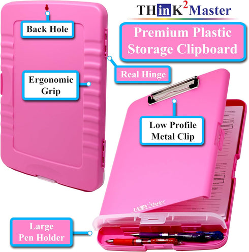 Think2Master Heavy Duty Pink Plastic Storage Clipboard with Pencil Holder, 25% Heavier & Sturdier for Nurses