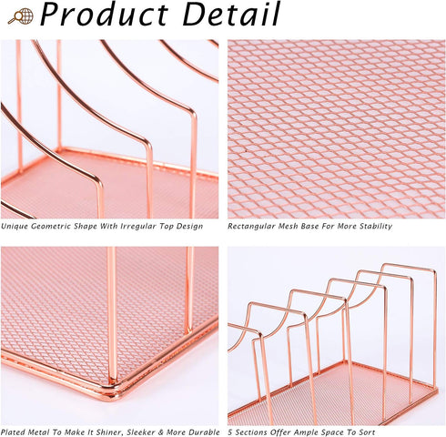 Simmer Stone File Sorter Organizer, 5 Section Magazine Holder Rack for Mail, Paper, Document, Folder, Rose Gold