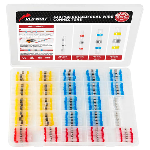 RED WOLF 330 PCS Solder Seal Connector Kit, 3:1 Shrinkage Heat Shrink Butt Splice Terminal for Marine Automotive Wiring