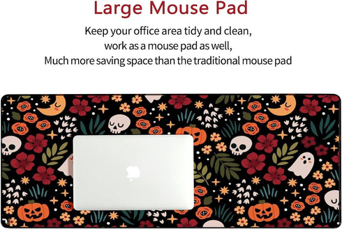 Halloween Skull Mouse Pad, Large Gaming Mat with Flowers and Pumpkins for Desktop Computer, 16x36