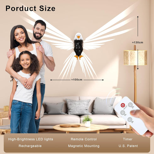Resocasin Bald Eagle Wall Light with Remote Control - Magnetic Mounted American Eagle Lamp, Battery Operated