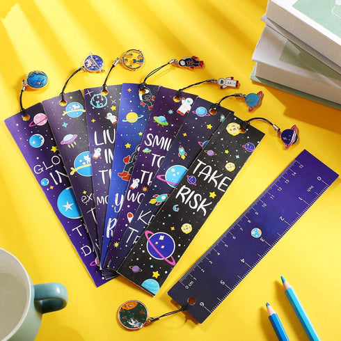 Zonon Space Theme Bookmarks with Inspirational Quotes Cards - Metal Charms Planet Rocket Space Ship, Reading Party