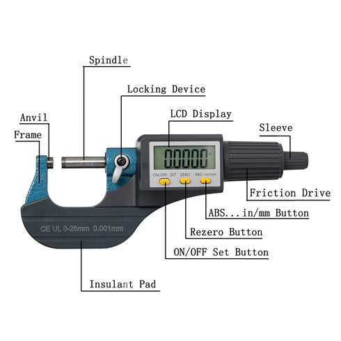 Beslands Digital Micrometer 0-1" / 0-25mm Gauge with 0.00004" / 0.001mm Thickness Measuring Tools and Case