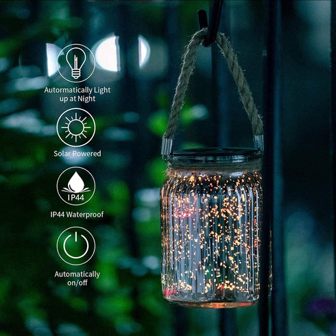 2 Pack,20 Hanging Solar Lantern Lights Outdoor LED Solar Mercury Glass Mason Jar Hanging Lights Waterproof for Tree