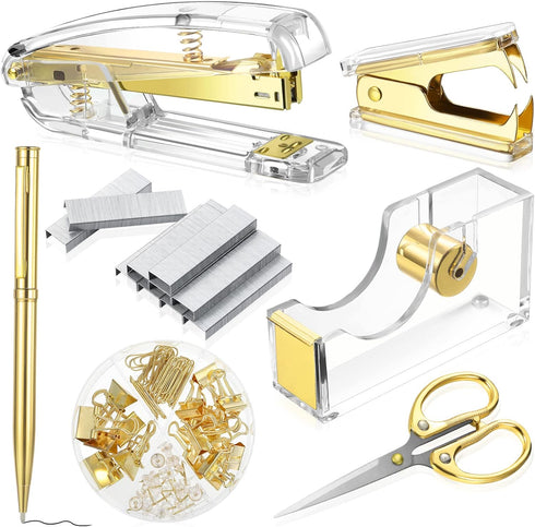 Office Supplies Set, Desk Accessory Kit, Acrylic Stapler, Tape Dispenser, Clips, Ballpoint Pen, 1000 Staples