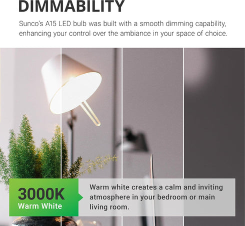 Sunco Lighting 10 Pack A15 LED Bulb, Dimmable Refrigerator Appliance Bulbs, 8W Equivalent, 3000K Warm White