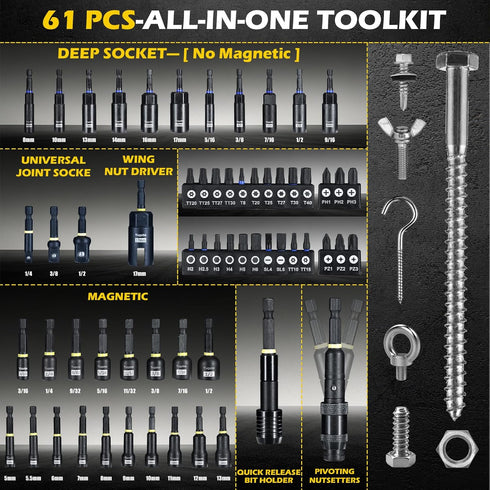 Tugote 61PCS Set 1/4'' Nutsetter, S2 Impact Nut Driver - Magnetic Deep Nut Drivers for Drills Metric & SAE, Socket