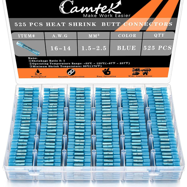 525PCS Heat Shrink Butt Connectors - Blue 16-14 AWG, Marine Grade Tinned Copper Crimp Splice Terminals