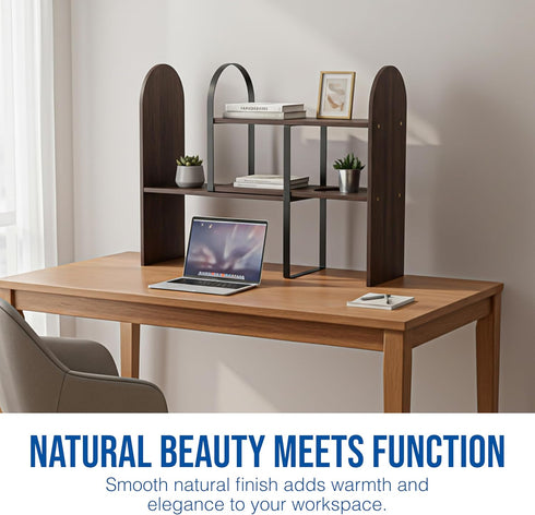 Maplefield Desk Hutch Expandable Shelf Organizer, Walnut Finish, Engineered Wood Desktop Storage Rack for Office, Dorm