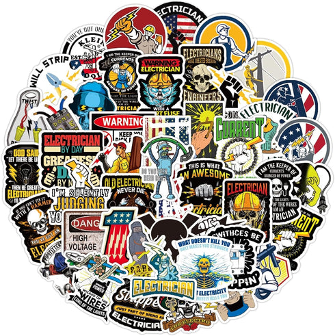 Electrician Stickers for Hard Hats, 50pcs Funny Waterproof Vinyl Decals for Toolbox, Helmet, Bumper