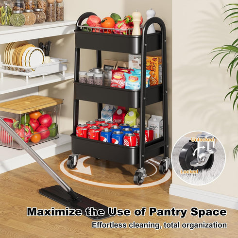 Rcemlip 3 Tier Black Rolling Cart Metal with Wheels, Basket, Cups & Hooks, Three Tier Utility Carts on Wheels, Can