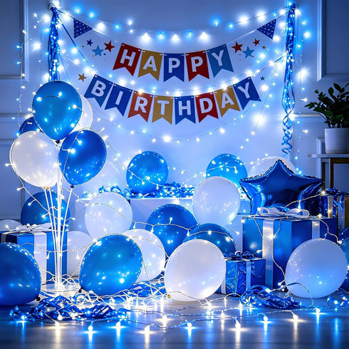 300 12 Dimmable, 75FT LED Blue White Birthday Party Decorations Ocean Party Decor String Lights with Modes Timer