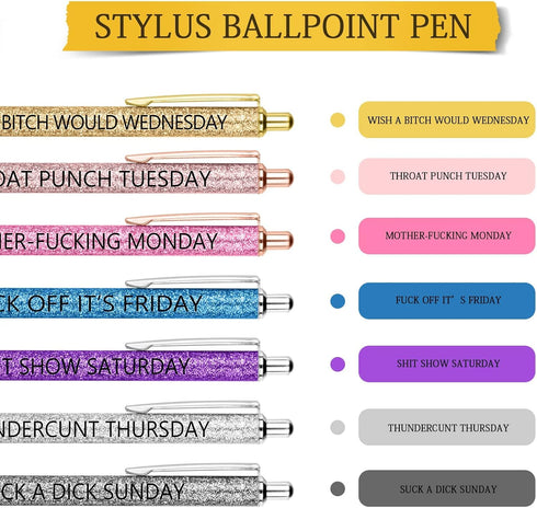 AUAUY Funny Pens, Seven Days of The Week Describing Mentality, Spoof Fun Swear Word Pens for Each Day, Fun Ballpoint