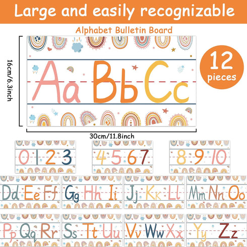 gisgfim 12 Pieces Alphabet Bulletin Board Strips Set, Boho Rainbow Alphabet Line ABC Banner & Number Border Posters for