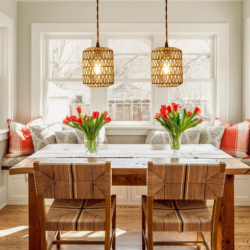 6W Bulb Light(3000K) Dimmable 15ft Plug in Pendant Light with LED Warm Switch Cute Rattan Hanging Lamp Cord Hand Woven