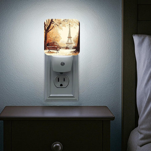 Generic 1pcs Paris Tower Night Lights Plug Into Wall, Autumn Romantic Autumn Leaves Park Bench Fall Warm Beige Plug
