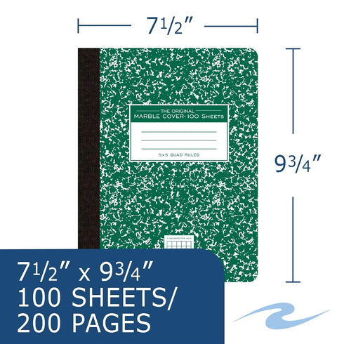 Roaring Spring Composition Notebook, 5x5 Graph Ruled, 100 Sheets, 15# White Paper, 9.75"x7.75", Hard Board Green Marble Covers