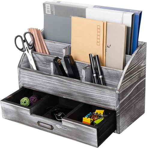 Distressed Rustic Wooden Office Desk Organizer - 5 Compartment with 2 Drawers & Counter Desk Tabletop Mail Rack, Grey