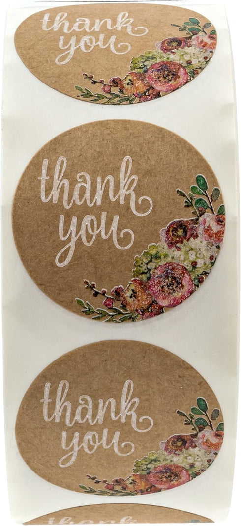 Brown Kraft Floral Thank You Stickers, 1000 Thanks Flowers Labels Roll, 1.5" Round