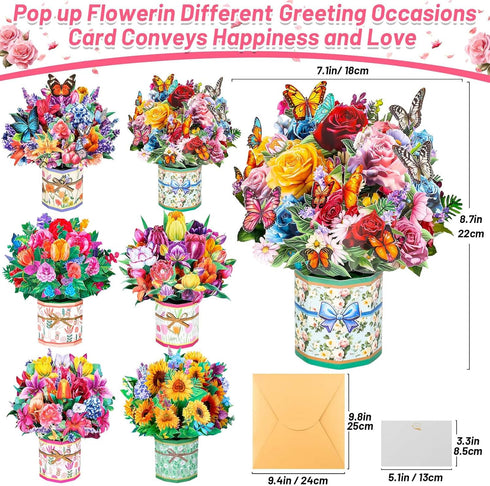 6 Pack 3D shynek Paper Flower Pop Up Cards, Flower Bouquet Card Popup Greeting Cards for Mother's Day, Graduation
