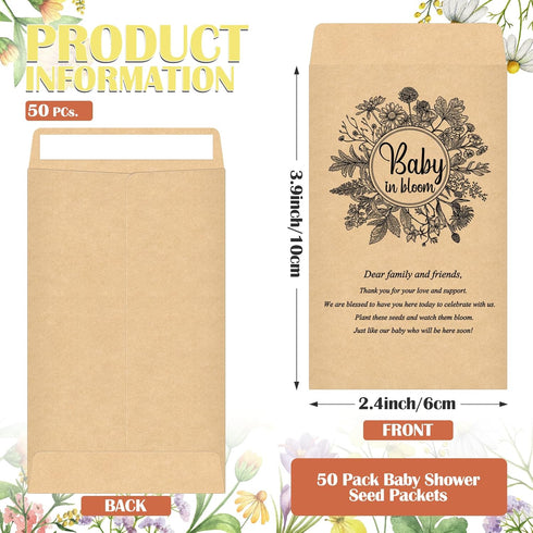 Fumete 50 Pcs Baby Shower Seed Packet Self Adhesive Kraft Seed Envelopes Small Parts Storage Packets Mini Kraft Seed Packets Retro Paper Seed Storage Self Sealing Seed Organizer for Party, No Seeds