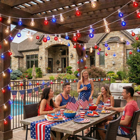 27.8Ft G40 28 Bulbs, 4th 0.6W Red White and Blue Lights String with Shatterproof LED Globe for Memorial Day of July