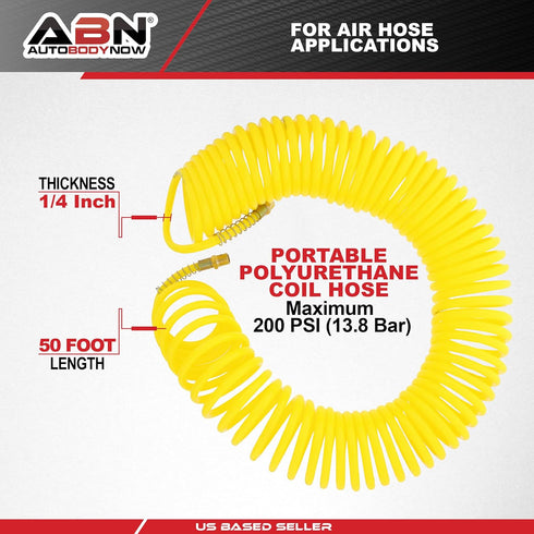 ABN Recoil Hose, 1/4in x 50ft Portable Polyurethane Coil Hose for Air Compressor