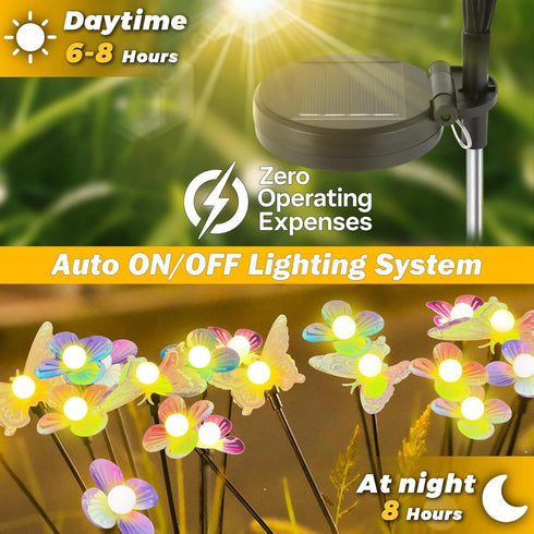 2 Pack 12LED IP65 Solar Swaying Butterfly Lights, Warm White Waterproof Auto On/Off Outdoor Garden Lights for Patio